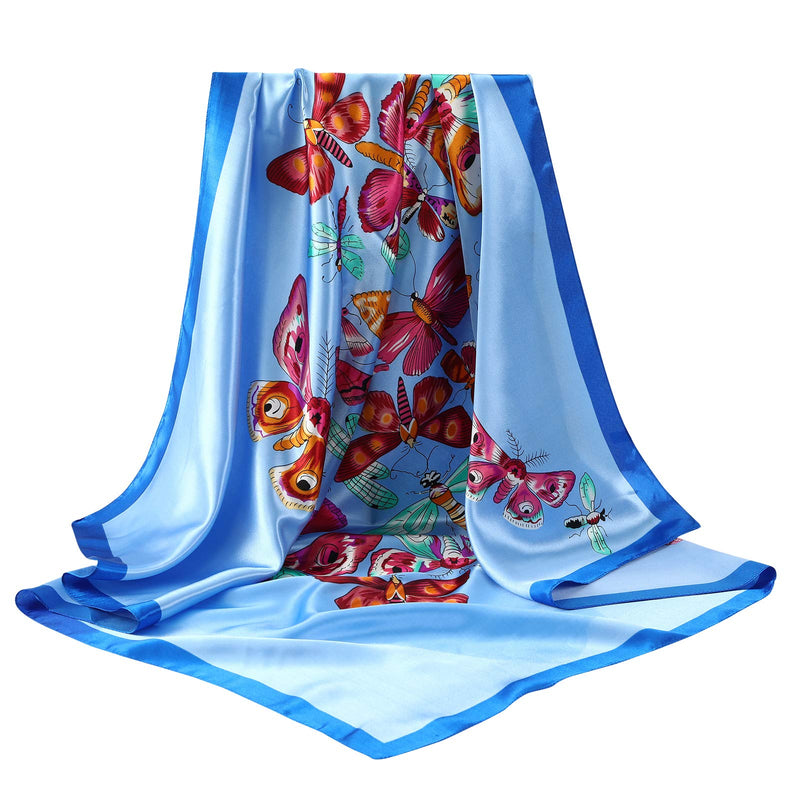 [Australia] - 35” Large Satin Square Head Scarf - 2Pcs Silk Like Floral Head Scarves Square Satin Hair Scarf Bandanas for Women Butterfly(blue/Beige) 