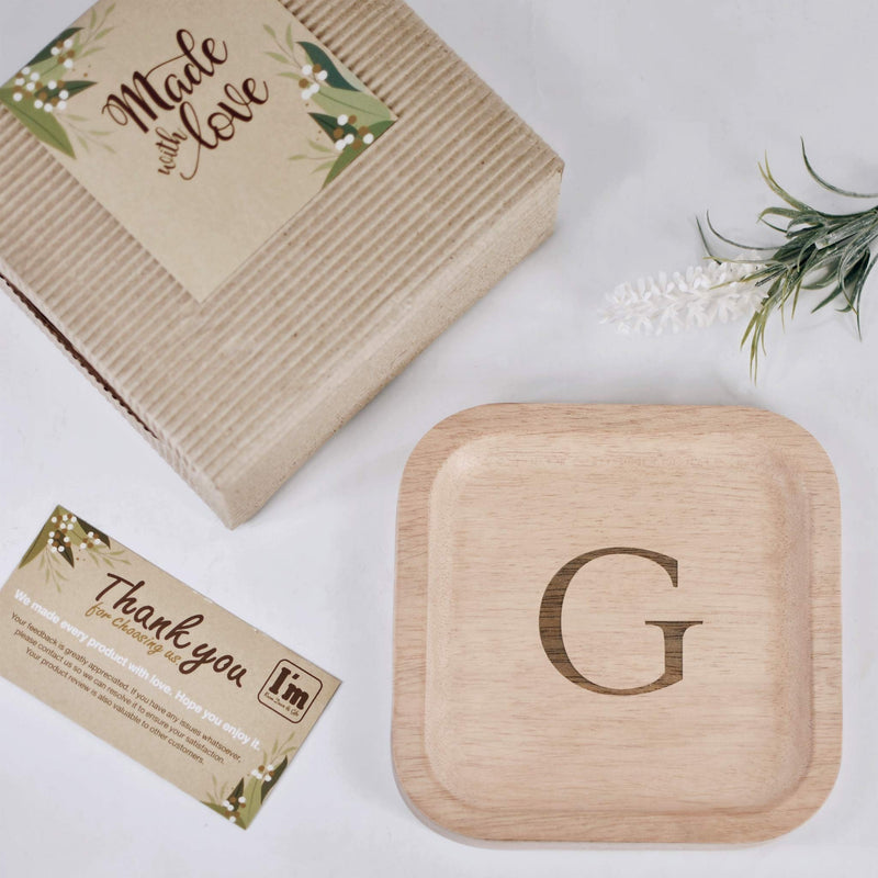 [Australia] - Solid Wood Personalized Initial Letter Jewelry Display Tray Decorative Trinket Dish Gifts For Rings Earrings Necklaces Bracelet Watch Holder (6"x6" Sq Natural "G") ุ6"x6" Sq Natural "G" 