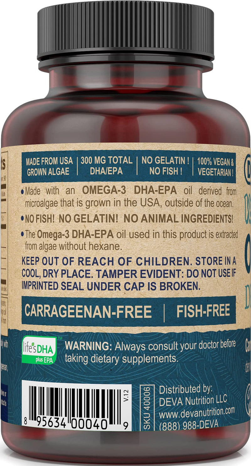 [Australia] - Deva Vegan Omega-3 DHA EPA Natural Supplement Once-Per-Day Softgel 300 MG - Carrageenan Gelatin & Gluten Free - Non-Fish Algae Oil Fatty Acids - 90 Softgels 