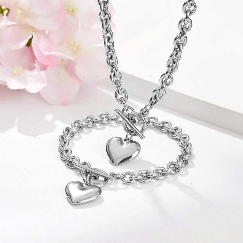 [Australia] - W/W Lifetime Heart Chain Necklace + Heart Bracelet for Women Girls Love Charm Toggle Chain Jewelry Set Stainless Steel 18K Gold/Silver Valentines Gifts White 18" necklace+8" bracelet 