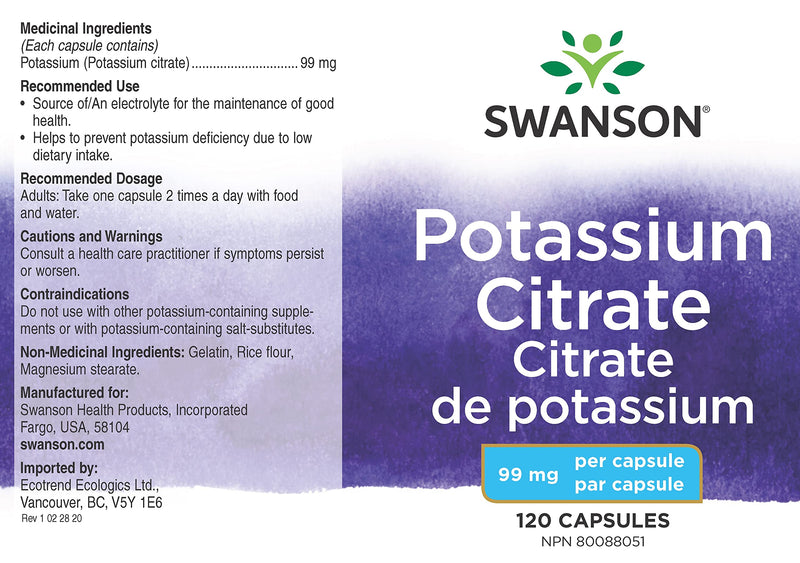 [Australia] - Swanson Potassium Citrate - Mineral Supplement Promoting Heart Health & Energy Support - Aids Optimal Nerve & Kidney Function with Natural Ingredients - (120 Capsules, 99mg Each) 1 