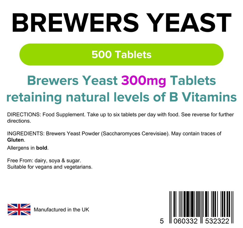 [Australia] - Lindens Brewers Yeast 300mg - 500 Vegan Tablets - Natural Vitamins & Micronutrients and Non-Debittered for Maximum Nutrition | B Vitamins, Amino Acids, Minerals | Made in The UK, (3 Months Supply) 