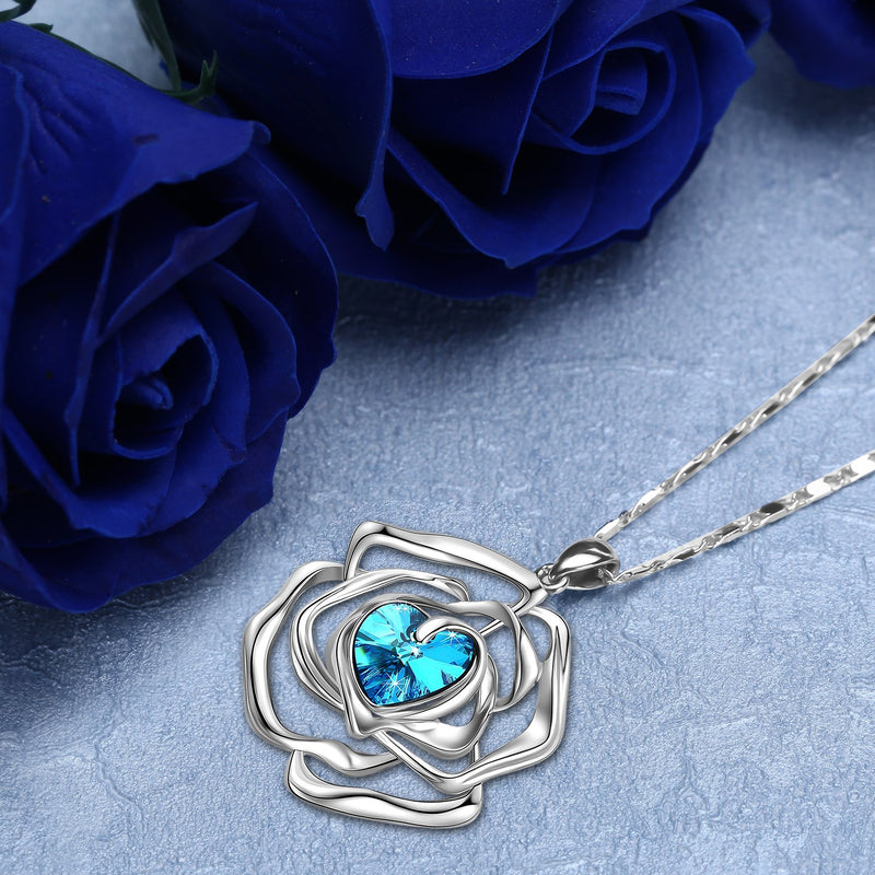 [Australia] - Menton Ezil "Rose Lover Swarovski Necklace 18K White Gold Flower Pendant Fashion Jewlery - Gift of Love Blue 