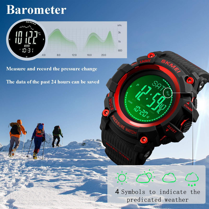 [Australia] - Military Watch with Compass Altimeter Barometer Pedometer Thermometer, Digital Sports Outdoors Waterproof Tactical Watches for Men Red 