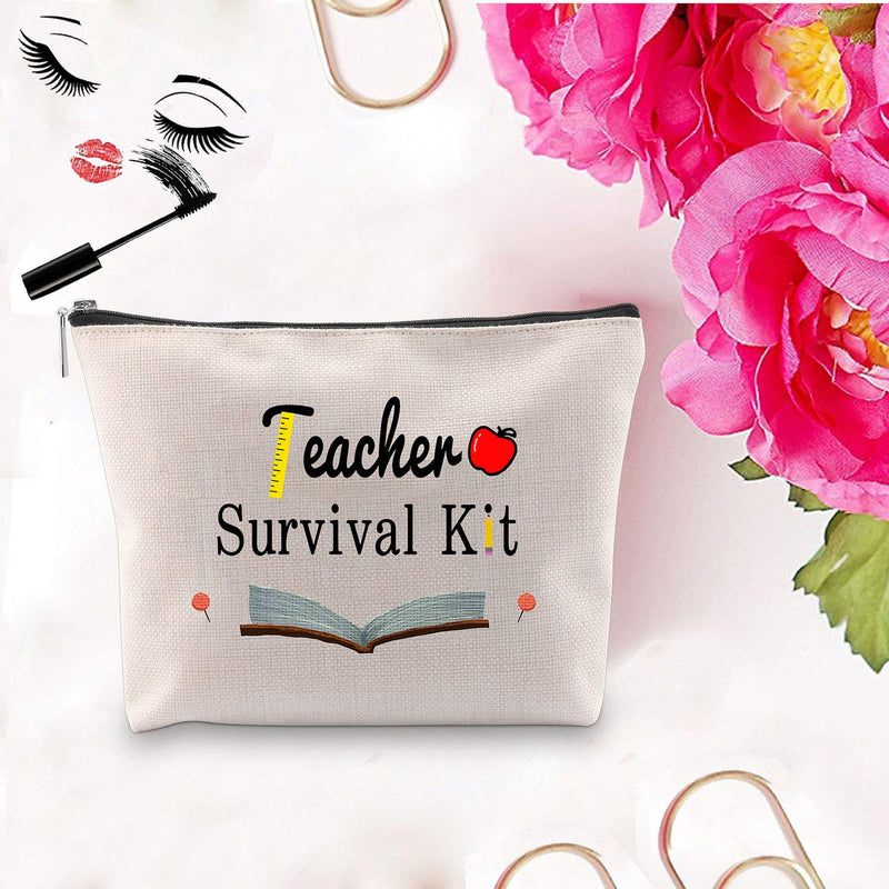 [Australia] - PXTIDY Teacher Survival Kit Teacher Appreciation Gifts Makeup Pouch Cosmetic Bag for Women Teacher Bag Teacher Supplies for Classroom Best Teacher Ever Gift (Beige) Beige 