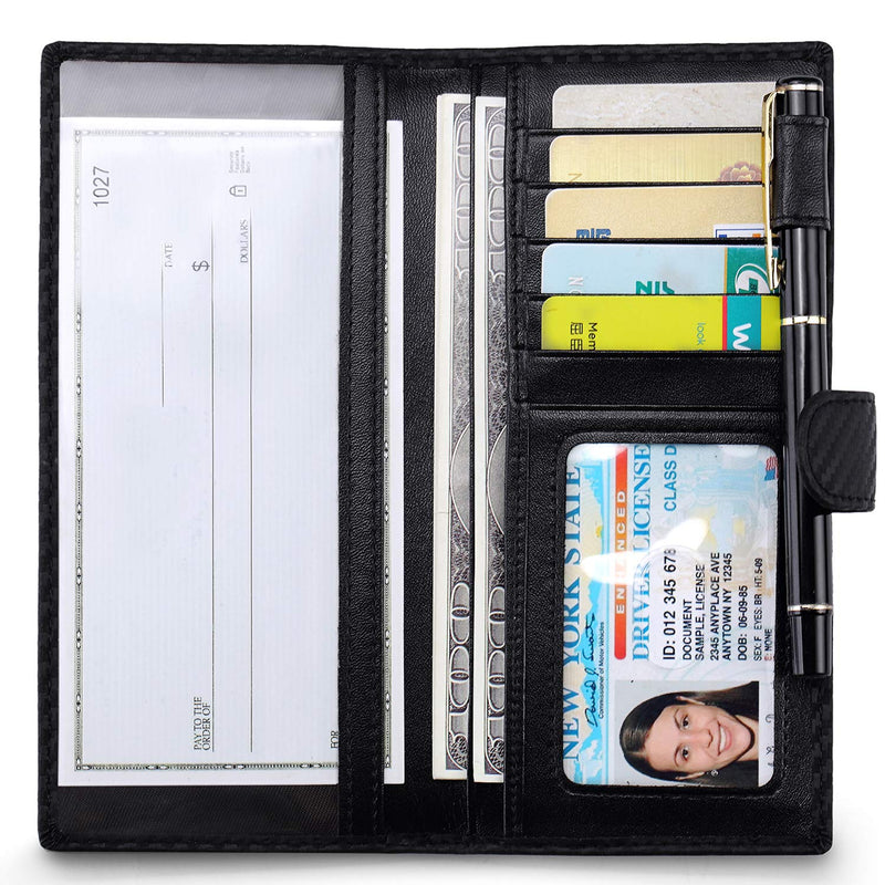[Australia] - Huztencor Women's Big Fat RFID Blocking Real Leather Wallet Clutch Organizer Checkbook Holder Carbon Fiber Black 