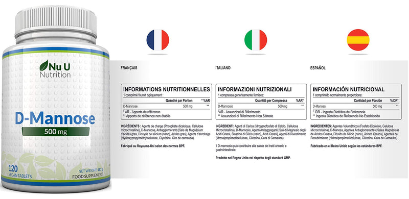 [Australia] - D-Mannose Tablets 500mg | 120 Tablets | High Strength | Allergen Free and Suitable for Vegetarians and Vegans | Not Mannose Capsules or Powder Made in The UK by Nu U Nutrition 