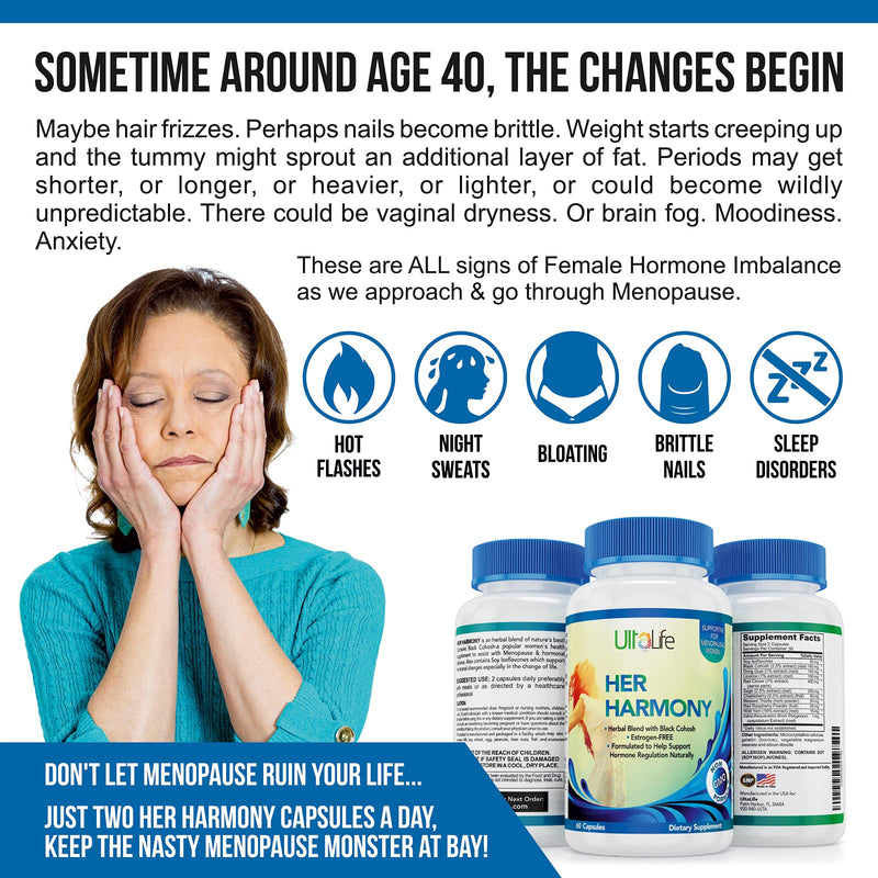 [Australia] - Her Harmony Advanced Menopause Supplement + Black Cohosh. Mood Swings, Irritability, Hot Flashes & Night Sweats Relief. Estrogen-Free. Natural Herbal Pill Balances Hormones to Help You Feel Good Again 120 Count (Pack of 1) 
