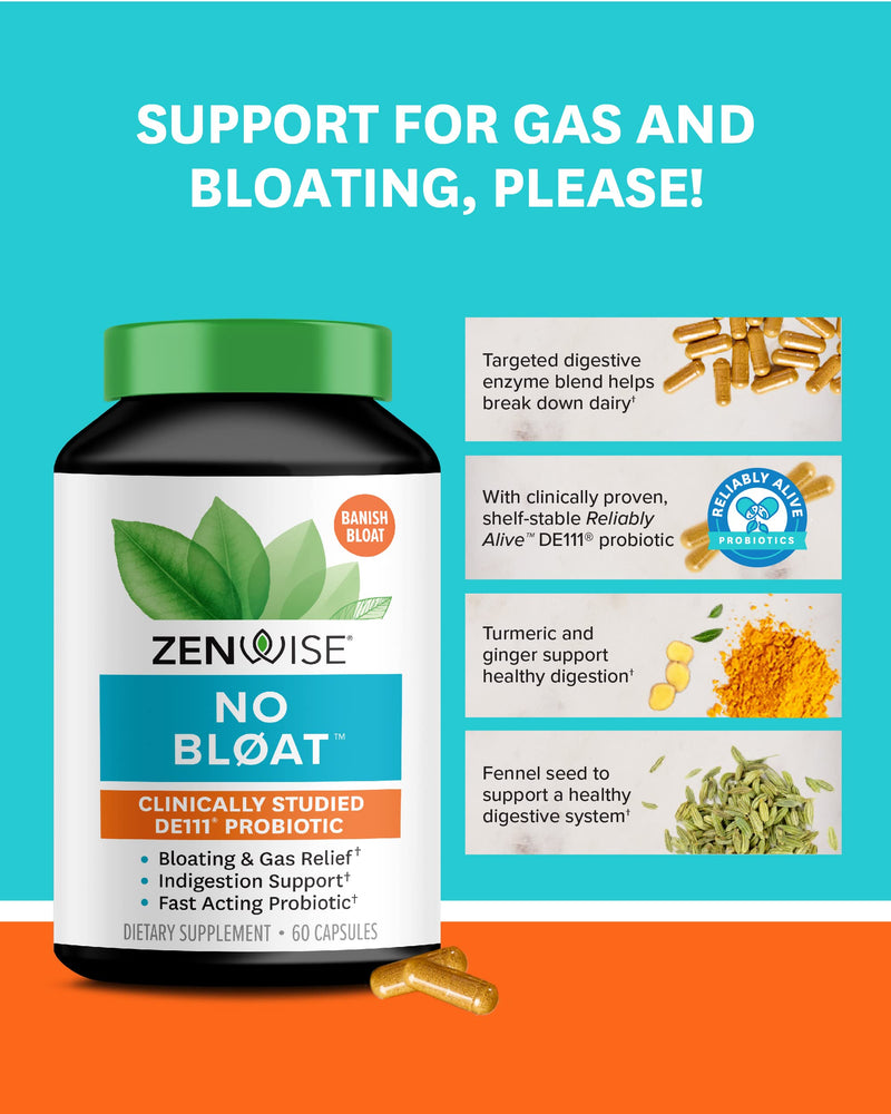 [Australia] - Zenwise No Bloat Supplement with Probiotics, Turmeric, and Digestive Enzymes - Bloating and Gas Relief - Ginger, Dandelion, and Cinnamon to Improve Digestion for Women & Men - Vegan Formula - 60 Count 