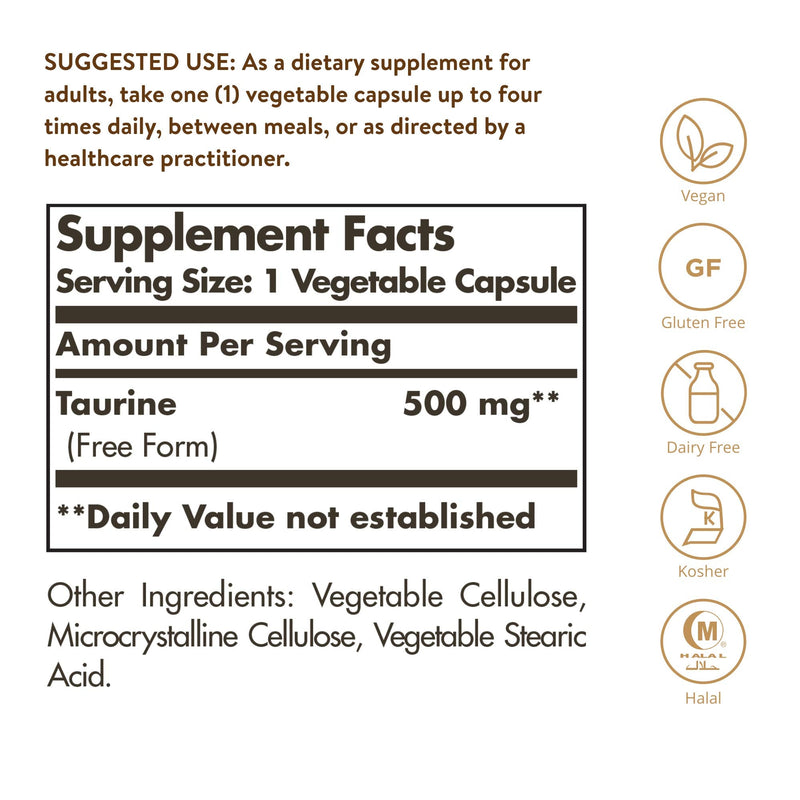 [Australia] - Solgar Taurine 500 mg, 250 Vegetable Capsules - Antioxidant - Brain & Heart Health - Amino Acid - Vegan, Gluten Free, Dairy Free, Kosher, Halal - 250 Servings 