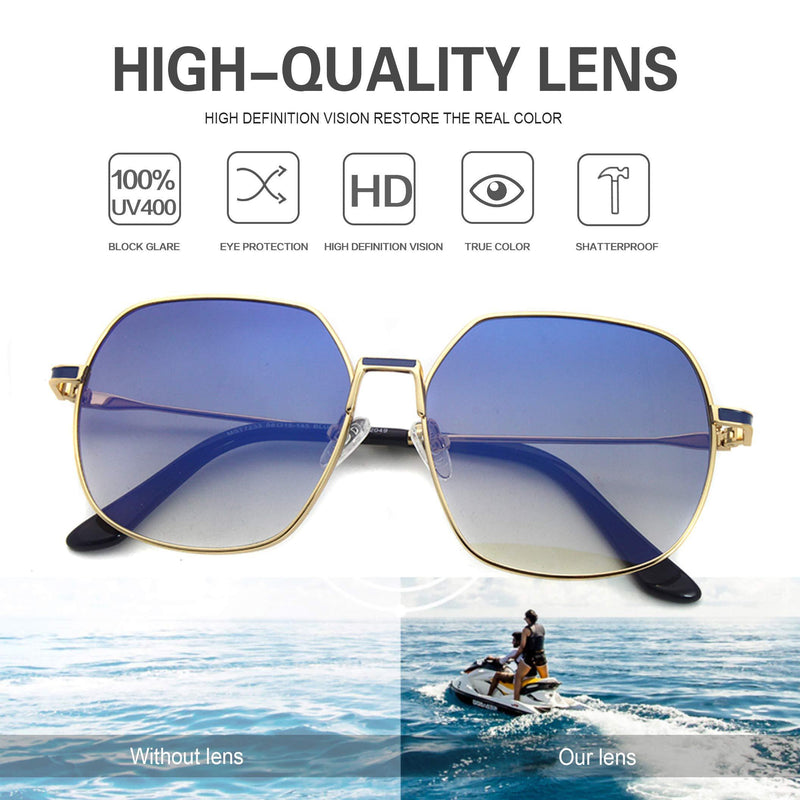 [Australia] - Stylish square geometric sunglasses metal frame UV protection mirror sunglasses for women men unisex sunglasses eyewear non polarized Gold.blue light gradient gray 
