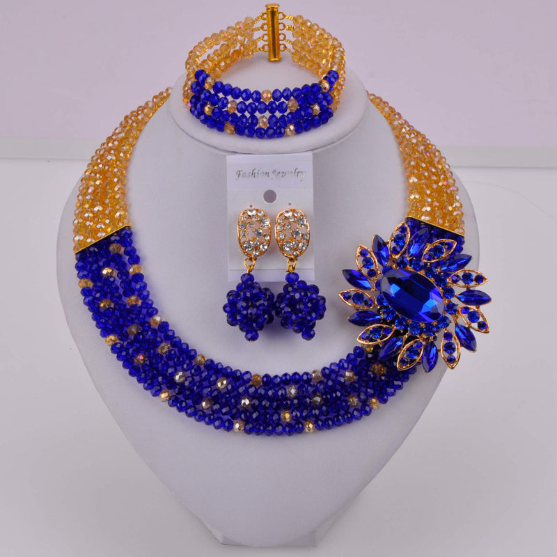 [Australia] - aczuv 5 Rows Women's Fashion African Beads Nigerian Necklace Bridal Wedding Jewelry Sets Gold AB Royal Blue 