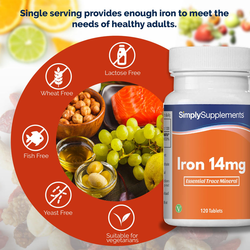 [Australia] - Iron Tablets 14mg | 120 Tablets = 4 Month Supply | Vegan & Vegetarian Friendly | 100% NRV | Popular Supplement for Reducing Tiredness & Fatigue | Manufactured in The UK 