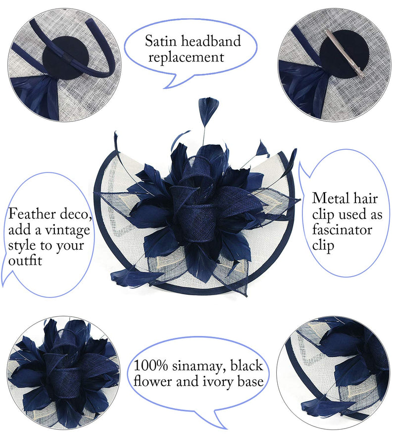 [Australia] - Z&X Sinamay Fascinator Kentucky Derby Church Hats for Women Floral Feather Tea Party Hat Bridal Headpiece with Headband Clip 006a Navy Blue and White 