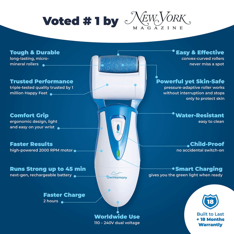 [Australia] - Electric Callus Remover: Own Harmony Professional Pedicure Tools Foot Care for Women, Rechargeable Foot Scrubber, CR900 Electronic Feet File Pedi Sander Best for Hard Cracked Dry Dead Skin, 3 Rollers Blue 