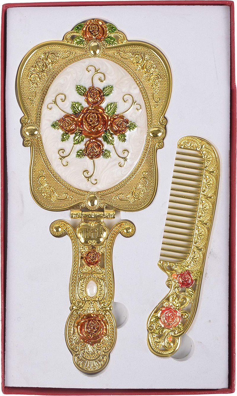 [Australia] - Nerien Antique Mirror Comb Set Vintage Metal Handheld Makeup Mirror with a Comb Russian Style Embossed Rose Hand Mirror Travel Portable Foldable Mirror Decorative Tabletop Stand Mirror Gold-1 