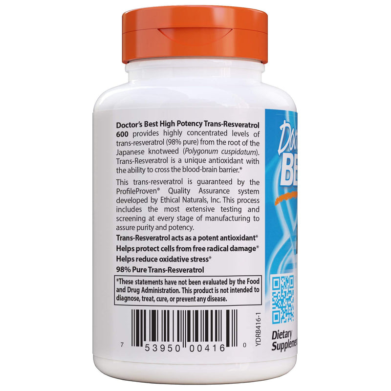[Australia] - Doctor's Best Trans-Resveratrol 600, Non-GMO, Vegan, Gluten Free, Soy Free, 600 mg, 60 Veggie Caps (DRB-00416) 