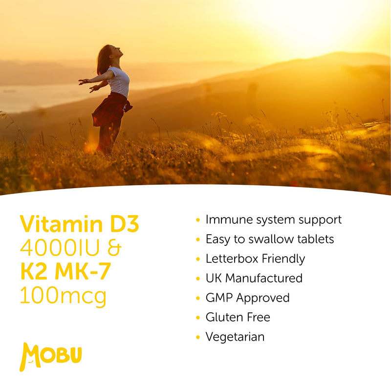 [Australia] - Vitamin D3 4000IU and Vitamin K2 MK-7 100mcg 120 Tablets � Immune Support & Bone Health � Vegetarian UK Made � Vitamin D3 & K2 Supplement � GMP Approved � MOBU 120 Count (Pack of 1) 