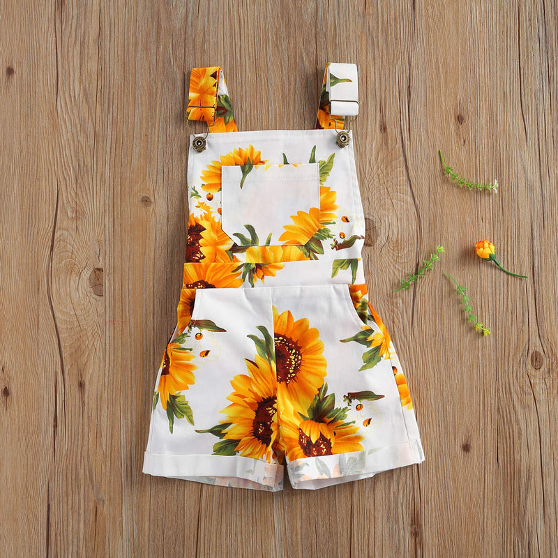 [Australia] - wdehow Toddler Baby Girl Sunflower Print Bib Overalls Backless Suspender Shorts Jumpsuits Summer Casual Romper with Pockets White 2-3T 