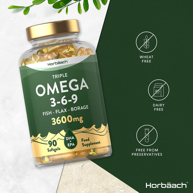 [Australia] - Triple Omega 3 6 9 | 3600mg | 90 Softgel Capsules | High Strength Supplement with EPA, DHA & ALA Essential Fatty Acids | Fish Oil, Flaxseed & Starflower Oil | by Horbaach 