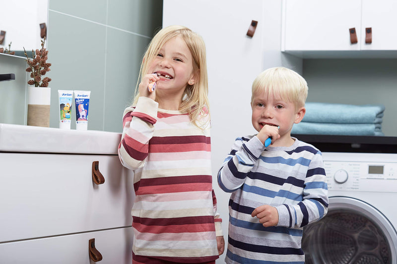 [Australia] - Jordan ® | Step 2 Toothbrush Kids | Kids Toothbrush for Age 3-5 Years Old | Soft Bristles, Dual Ergonomic Handle & BPA Free | Blue & Green Color | Pack 4 Units 
