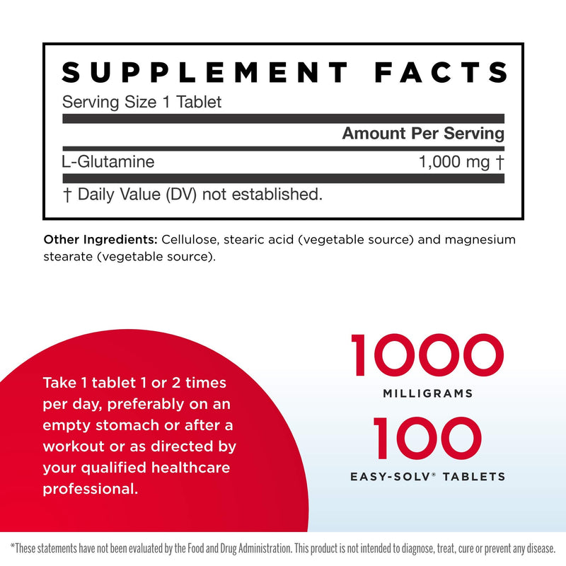 [Australia] - Jarrow Formulas L-Glutamine 1000 mg - 100 Easy-Solv Tablets - Supports Muscle Tissue & Immune Function - 100% L-Glutamine - 100 Servings 100 Count (Pack of 1) 