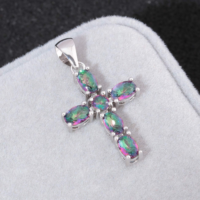 [Australia] - CiNily Cross Pendant Necklace Gold Plated Opal Pendant/Mystic Topaz Gemstone Pendant Criss Jewelry rainbow 