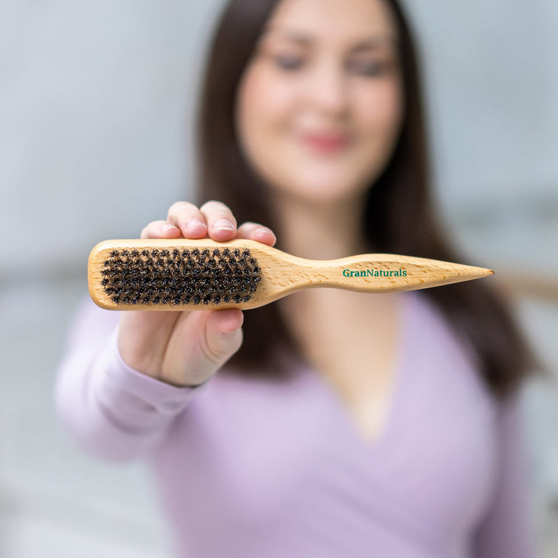 [Australia] - GranNaturals Wide Boar Bristle Teasing Brush & Smoothing Brush for Slick Back Hair, Edge Control, Backcombing to Create Sleek Hairstyle - Wooden Wide Rat Tail for Hair Sectioning 