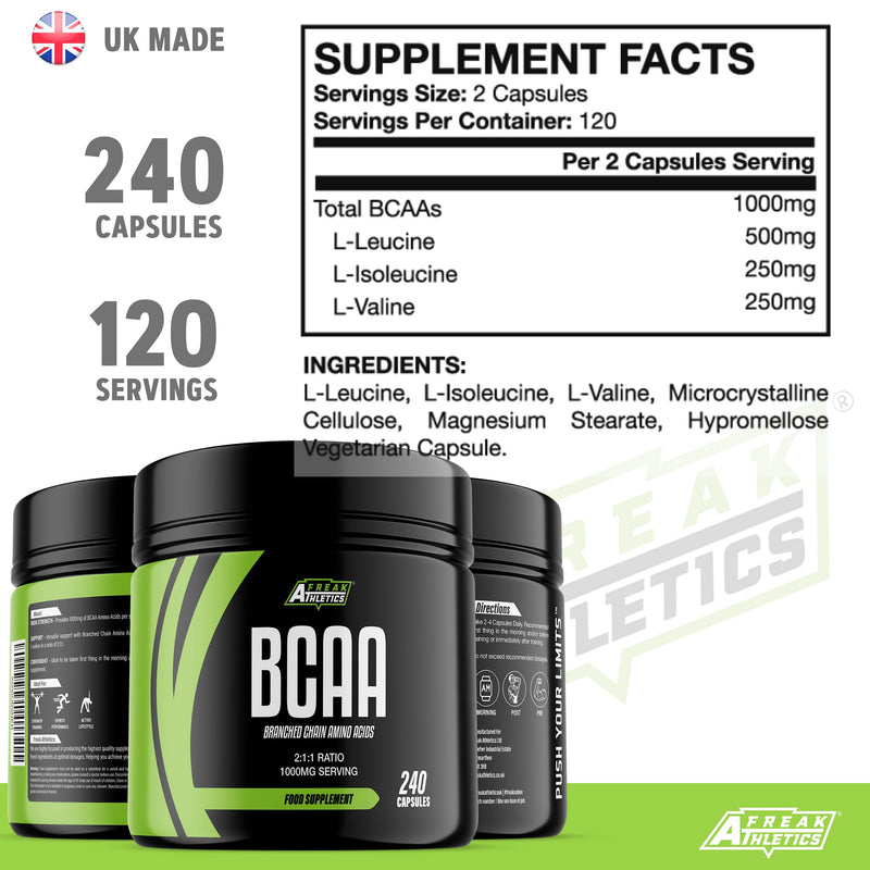 [Australia] - BCAA Amino Acid Support 240 Capsules - 500mg BCAA Tablets 1000mg Per Serving - 2:1:1 Ratio of L Leucine, L Isoleucine & L Valine - Made in The UK - Suitable for Both Men & Women 
