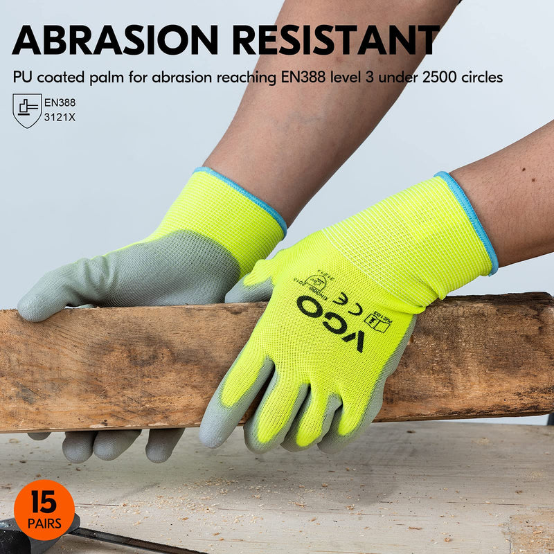 [Australia] - Vgo 15Pairs Safety Work Gloves,Gardening Gloves,Polyurethane Coated,Dipping Gloves,Latex Free(Size S,Fluorescent Yellow,PU2103) S (Pack of 15) Yellow-PU2103 