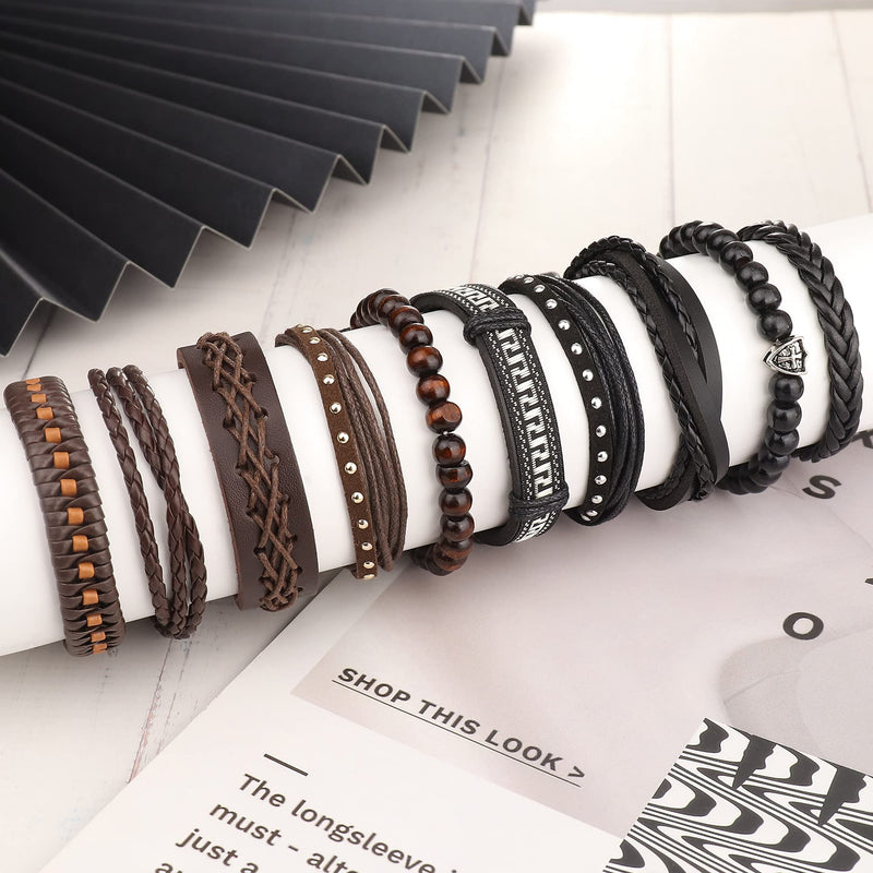 [Australia] - Florideco 30 Pcs Punk Braided Leather Bracelets for Men Women Cuff Wrap Bracelet Set Black and Brown Woven Rope Wristbands Bracelet Adjustable Hemp Cords Wood Beads Ethnic Tribal Bracelets 