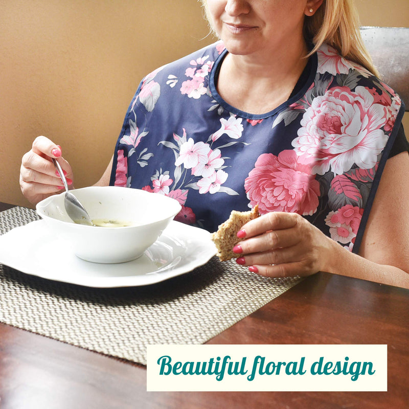[Australia] - Adult Bib for Eating with Crumb Catcher - Washable and Reusable Clothing Protector for Elderly Flower 
