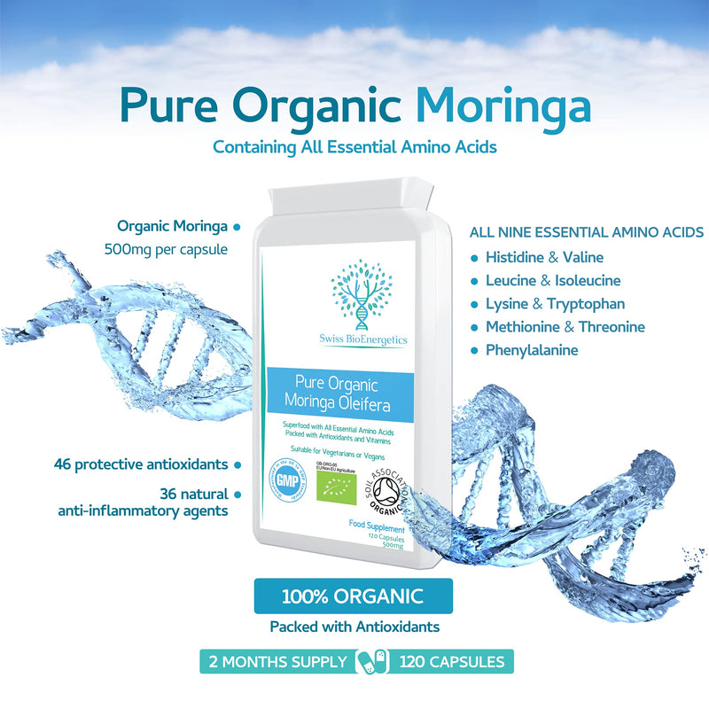 [Australia] - Pure Organic Moringa Oleifera 500mg 120 Capsules - no fillers or Flowing Agents - 100% Natural Soil Association Certified High Strength Superfood with All Essential Amino Acids 