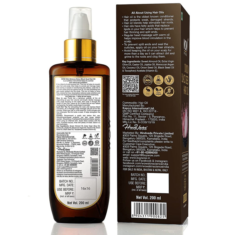 [Australia] - WOW Onion Black Seed Hair Oil - Promotes Hair Growth - Controls Hair Fall - No Mineral Oil & Silicones - 200mL 