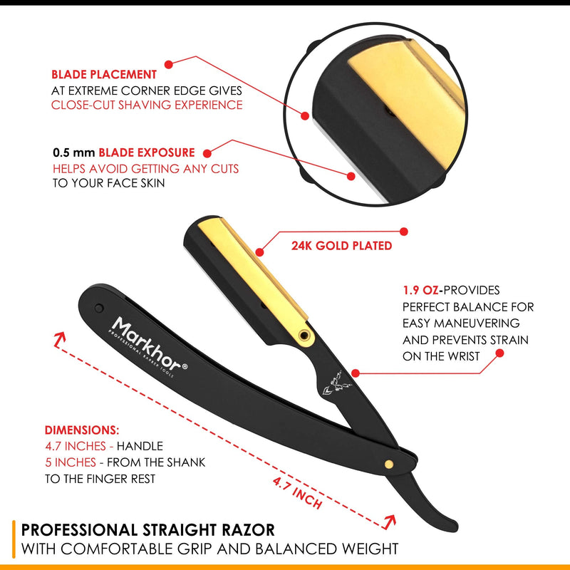 [Australia] - Markhor® Cut Throat Razor Kit, Matte Black with 24K Gold Plated Straight Razor, Professional Barber Razor, Premium Quality Straight Edge Razor, Moustache & Beard Shaving Razor Single Blade Razor 