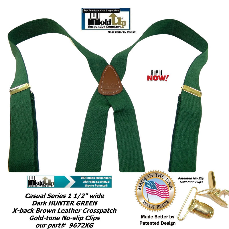 [Australia] - Holdup Suspender Company's Dark Hunter Green Men's Clip-On Suspenders with X-Back Style and Gold No-slip Clips 