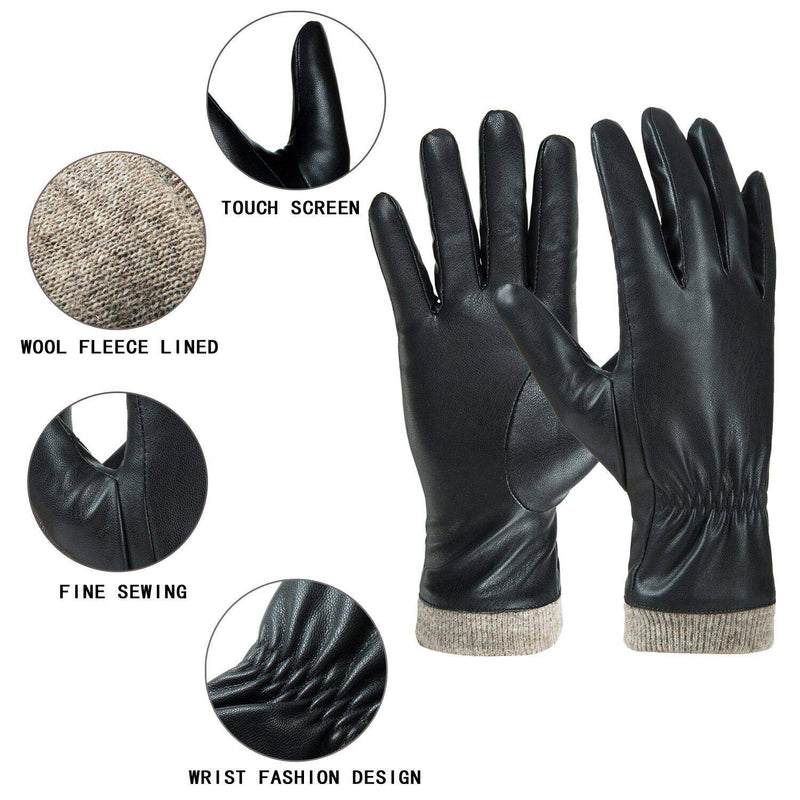 [Australia] - REDESS Winter Leather Gloves for Women, Wool Fleece Lined Warm Gloves, Touchscreen Texting Thick Thermal Snow Driving Gloves Black 6.5 S 