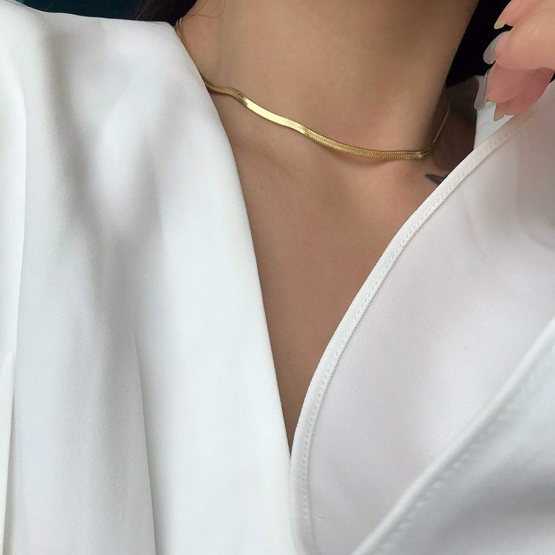 [Australia] - Reoxvo18K Gold Plated Herringbone Choker Necklace for Women Flat Snake Chain Necklace(5mm) 14.0 Inches 