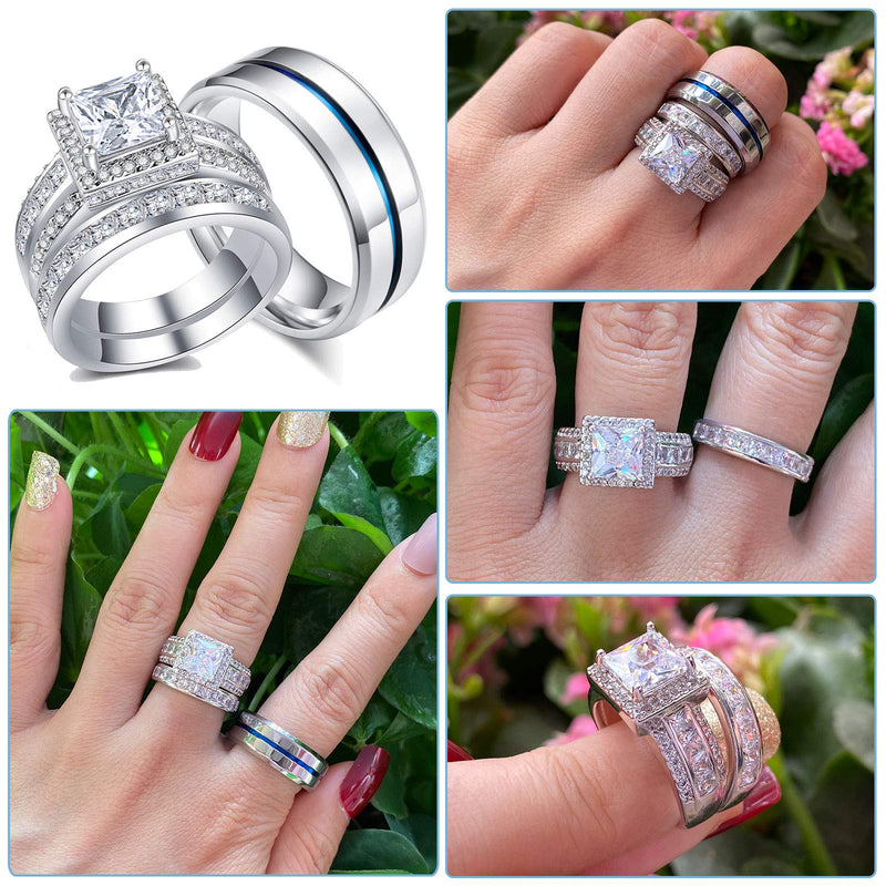 [Australia] - AHLOE JEWELRY Princess Wedding Ring Sets for Him and Her Women Men Titanium Stainless Steel Bands 3.0Ct Cz 18k Gold Couple Rings Women's Size 10 & Men's Size 10 