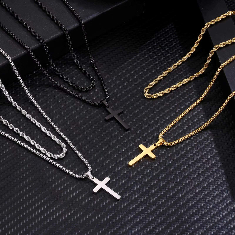 [Australia] - Ursteel Cross Necklace for Men, Stainless Steel Silver Black Gold Layered Rope Chain Cross Pendant Necklace Simple Jewelry Gifts Chain Necklace for Men, 16-26 Inches Box Chain Black:16+2/18+2 