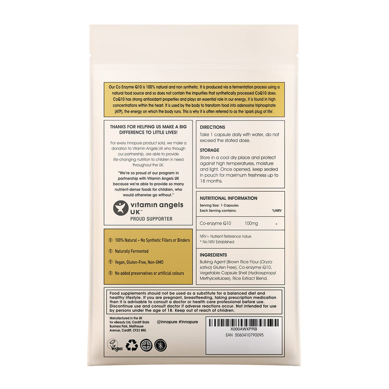 [Australia] - CoQ10 Pure Coenzyme Q10 100mg, Naturally Fermented, Vegan Society Approved, 90 Capsules, Made in The UK by Innopure (Packaging May Vary) 
