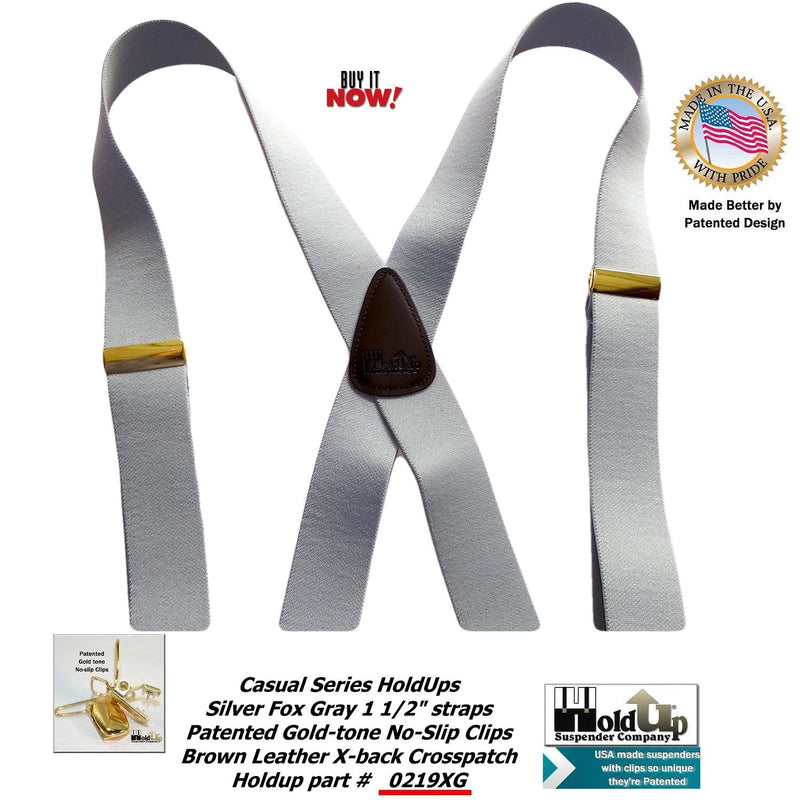 [Australia] - HoldUp X-back Suspenders in Light Silver Fox Gray are 1 1/2" Wide with No-slip Gold-tone Clips 