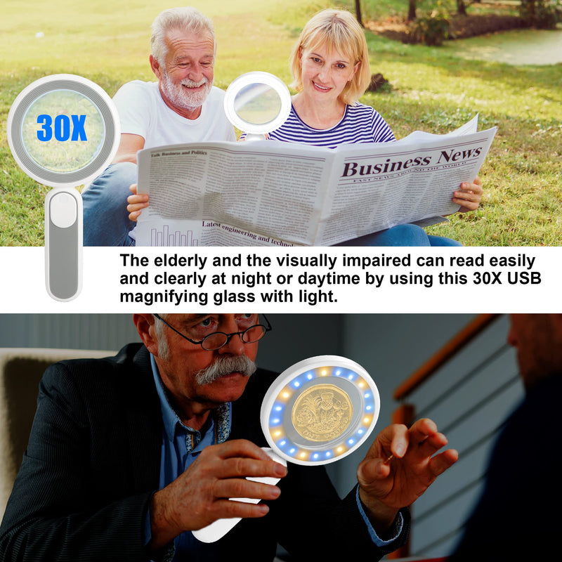 [Australia] - Magnifying Glass with Light, Handheld Illuminated Lighted Magnifying Glass with 21 Led, 3 Light Modes & Rechargeable USB Magnifier Seniors, Reading, Macular Degeneration, Exploring, Coins (Grey) Gray 