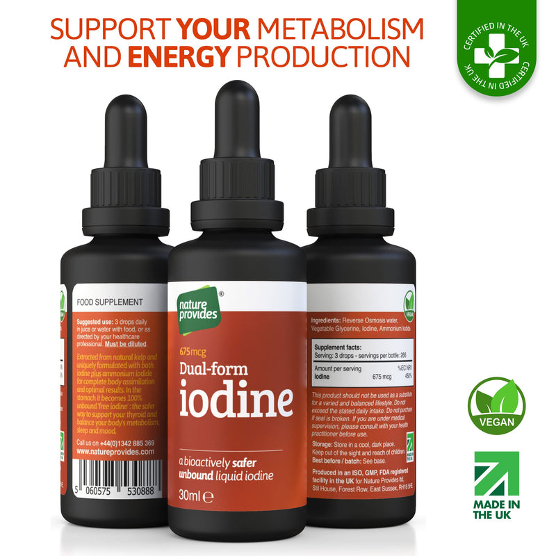 [Australia] - Natural Dual-Form Iodine : 100% Free and Unbound Iodine / Iodide Supplement. 675mcg (30ml) for Energy, Mood & Metabolism. Made in The UK. 