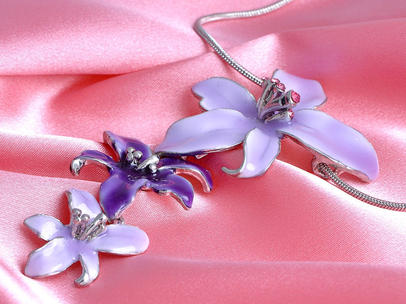 [Australia] - Alilang Silvery Tone Pink Rhinestones Purple Hawaiian Flower Necklace Earrings Set 