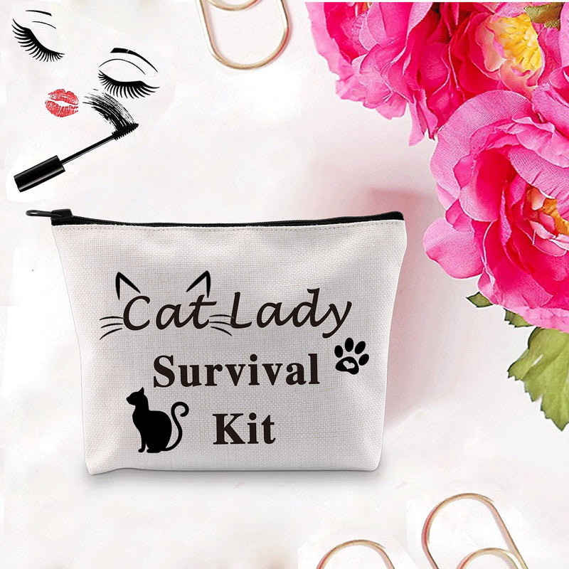 [Australia] - PXTIDY Cat Lady Survival Kit Cat Mom Makeup Bag Crazy Cat Lady Gift Cat Mama Makeup Cosmetic Bags Cat Lover Bag Travel Pouch Case (Beige) Beige 