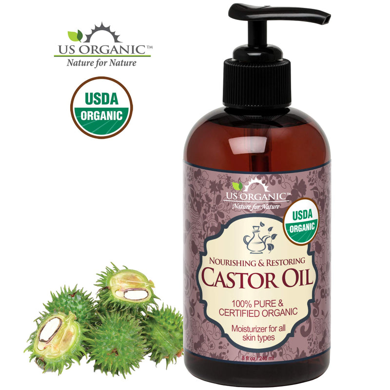 [Australia] - US Organic Castor Oil, USDA Certified Organic,Expeller Pressed, Hexane Free, 100% Pure & Natural moisturizing and emollient properties, For Skin, Hair Care, Eyelashes, DIY projects (8 oz (240 ml)) 8.12 Fl Oz (Pack of 1) 