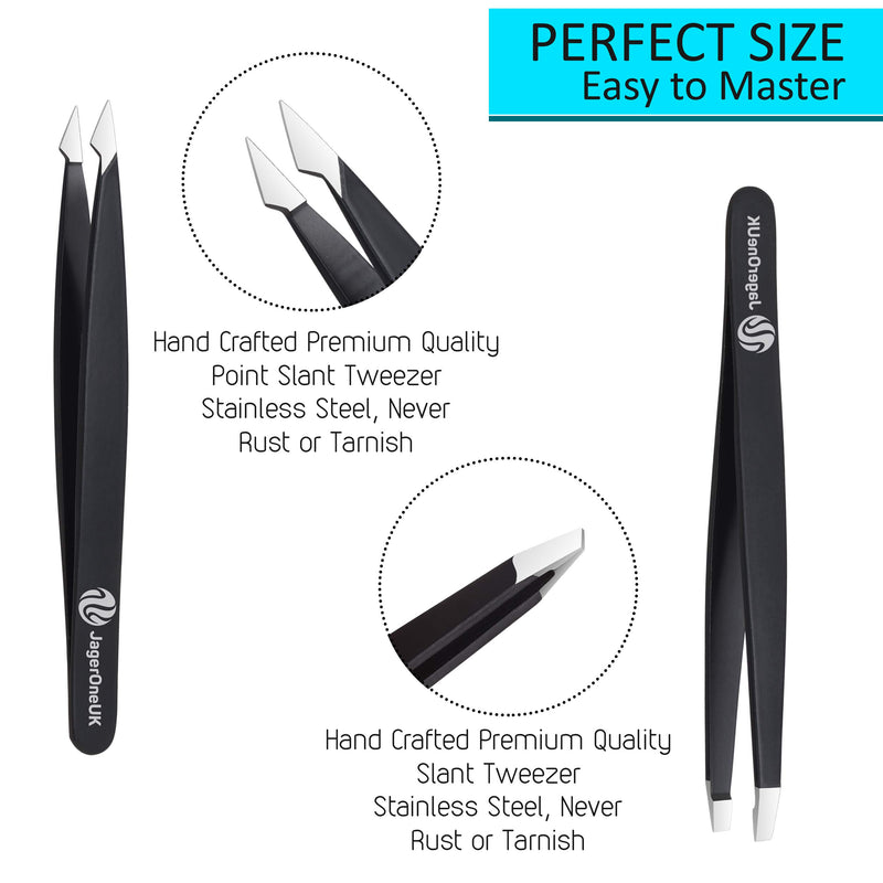 [Australia] - JagerOneUk Premium Quality Stainless Steel 4-piece Tweezers Set with Leather Pouch | Unisex Eyebrow Tweezers | Best for Plucking Precision Chin Facial Hairs with Anti Slip Grip - Black 
