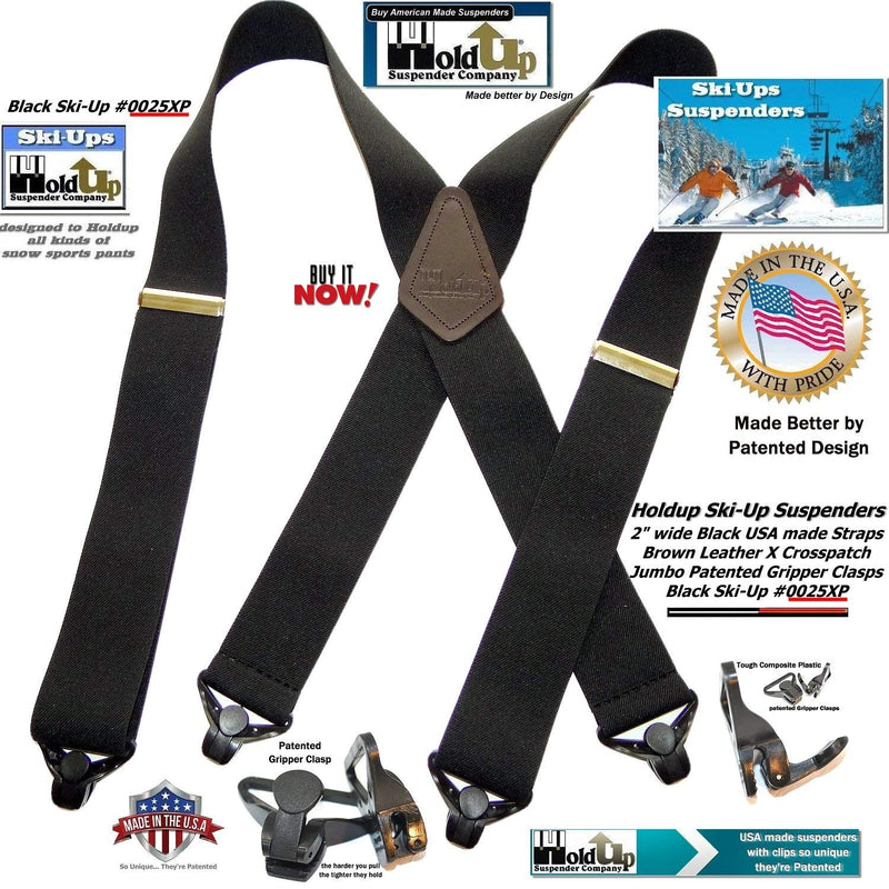 [Australia] - HoldUp 2" wide black Ski-Up Suspenders with Black Jumbo Gripper Clasp 