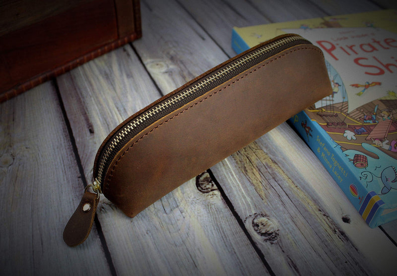 [Australia] - DK86 Leather Zipper Pen Case Pouch Holder Bag - Small Travel Makeup Cosmetic Bag - Vintage Brown 